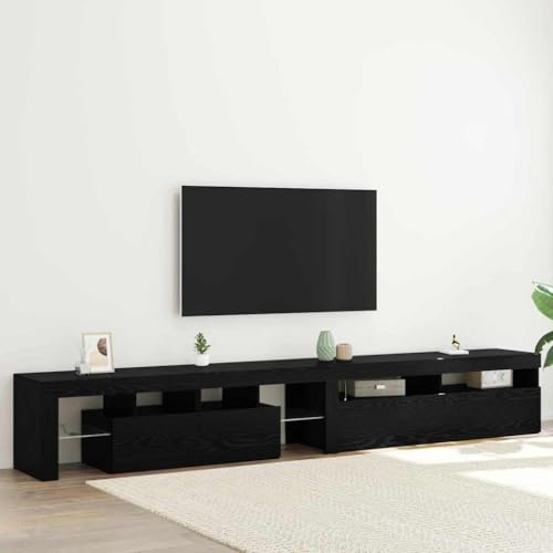 Meuble TV Salon Moderne 2 Pièces avec LED, Buffet Télé Chêne Noir 260 cm, Meuble Bas Rangement pour Home Cinéma, Étagères Verre, Bois d'Ingénierie Durable