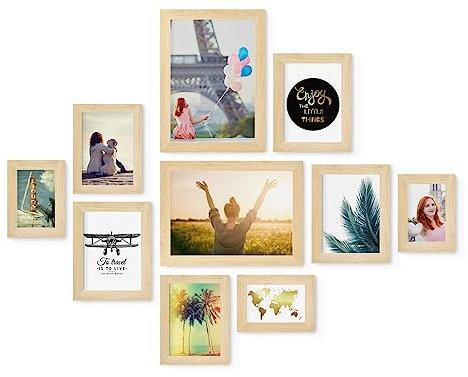 PHOTOLINI Bilderrahmen Set Natur, Fotorahmen Holz MDF, 10er Bilderrahmenset Wand Collage, photo frames for wall mit Acrylglas aufhängen, Bilderrahmen Set verschiedene Größen mit Zubehör