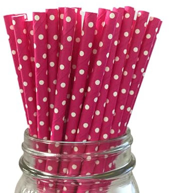 LUMOUS ROLA Paper Straws, Drinking Straws Assorted Bio Degradable Drinking Paper Straws Wedding Party, Party Straws, Restaurant, Juice Drinking Straws (25X Light Pink with White Dots)