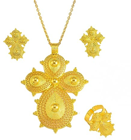 DELLEN Äthiopisches großes Kreuz Schmuck Sets Anhänger Kette Ohrringe Ring Gold Farbe Afrikanisches Eritrea Traditionelle Hochzeitswaren Weihnachtliches Geburtstagsgeschenk für Jubiläen