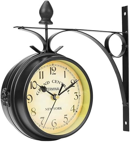 Antik Retro Bahnhofsuhr Doppelseitige Uhr im Freien, doppelseitige Metall -Vintage -Uhr -Uhr, Retro Central Station -Uhr, for Terrasse, Garage, Garten, Kaffee, Bar, Außenbereich Antiquitäten -Look zwe