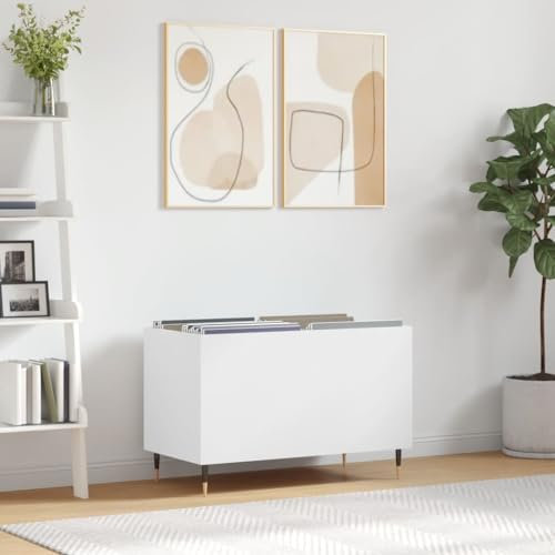 prissent Schallplattenschrank 74,5 x 38 x 48 cm aus mehrschichtigem Holz, TV-Schrank, CD-Regal, Bücherregal, Holz, Vinyl-Schrank, niedriger Schrank für Wohnzimmer, schmales Bücherregal, Weiß