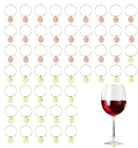 LELE LIFE 52pcs Weinglasanhänger, Buchstaben Weinanhänger für Stielgläser mit Ringen, Weinglas Marker Tags Kennzeichnungen für Getränke