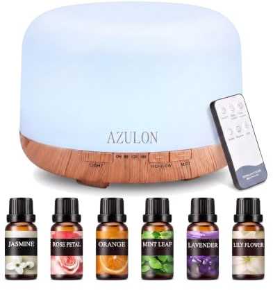 AZULON Essential Oil Diffuser 500ml with 6 Essential Oils Set, Aromatherapy Humidifier & Oil Diffusers for Home, with Remote, 7 Colour LED Lights, Cool Mist & Auto Shut-Off, for Bedroom, Yellow