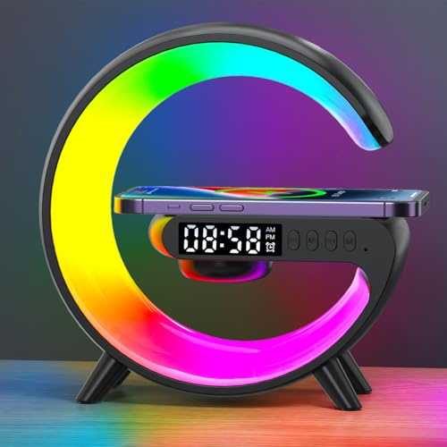 mumisuto Wireless Speaker Charger Light, G Lamp with Wireless Charger, Smart Lamp Bluetooth Speaker, 5W Mood Light with Alarm Clock, 10 Lighting Modes, Bedroom, Party (Black Rechargeable Type)