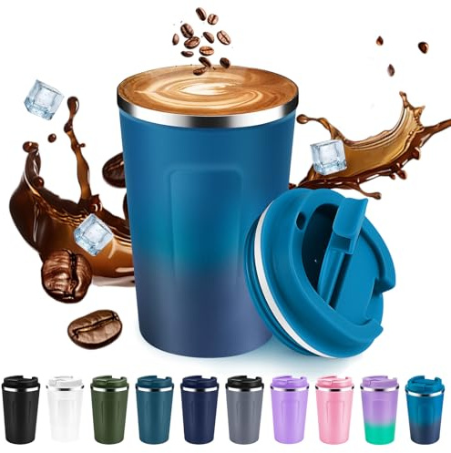 Volhoply Taza de café de viaje aislada al vacío de doble pared de 12 onzas con tapa abatible, taza de café reutilizable de acero inoxidable a prueba de fugas, vaso térmico portátil adecuado para