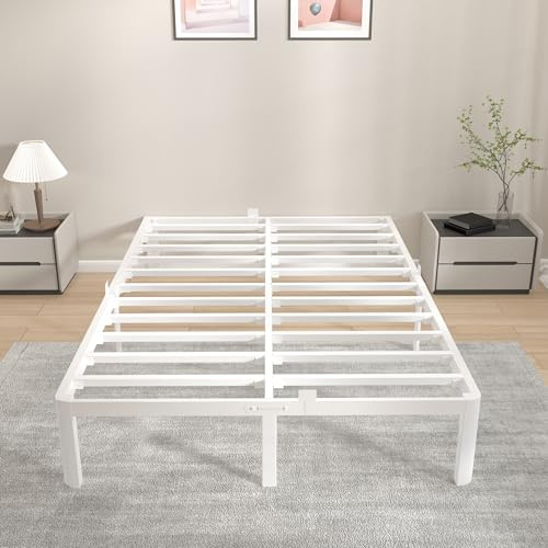 KVLKBV Doppelbett 140 x 190 cm, weißes Gestell mit Antirutsch-Pattinen und Stauraum (35,5 cm), ideal für Schlafzimmer und Gästezimme