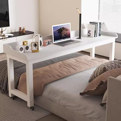 Verstellbarer Beistelltisch mit Rollen, multifunktionaler Rolltisch für King-Size-Bett, tragbarer Laptopwagen und Esstisch, Weiß, 140 x 40 cm