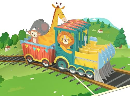 MOKIO® Biglietto Auguri Pop-Up – Locomotiva a vapore con animali – Biglietto regalo 3D per un compleanno, Biglietto d'auguri per ragazze e ragazzi