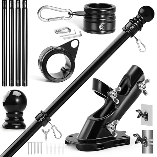 Anovo Flag Pole Kit- Upgraded Holder, Stainless Steel 5 FT Flag Poles with1 Inch Metal 360° Rotating Flag Pole Rings Two-Position Flag Pole Bracket Mounting for Outside House Porch (5 FT-Black)