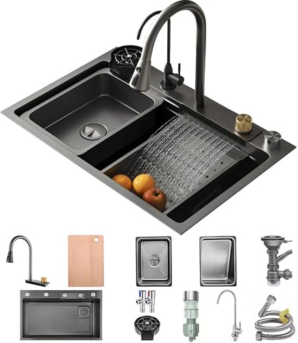 Fregadero de cocina, 80 x 50 cm, de acero inoxidable, negro, gris, 1 pila, gran espacio de trabajo, con grifo de cocina, 2 cestas de escurrido, tabla de cortar, dispensador de jabón, enjuague