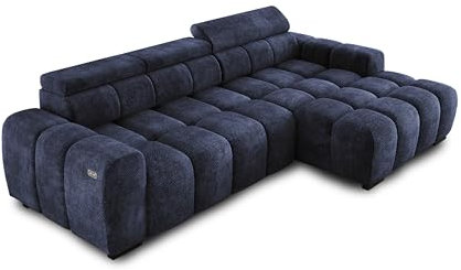 Ecksofa OMBO 285x168x77/97 cm, Rechte Seite Mit Schlaffunktion, Elektrisch Ausziehbarer Sitzfläche, Verstellbaren Kopfstützen, Dunklen Buchenholzfüßen, Hydrophobem EDEN-Bezugstoff - Cemno Blau