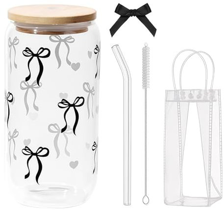 Yamobi Glass with Black Bow 16oz, Coquette Bow Design Drinking Glass with Straw and Lid, Versatile for Coffee, Cocktails and More, Gift Box Set for Girls