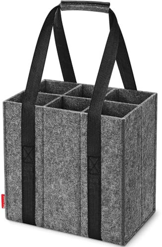 Enbagold Flaschentasche 6 Fächer je 1,5 Liter, Faltbar Flaschenträger, Filz Männerhandtasche mit Trennwänden, Flaschen Einkaufstasche für Wasserflaschen, Weinflasche, Bier und Sekt - Dunkelgrau