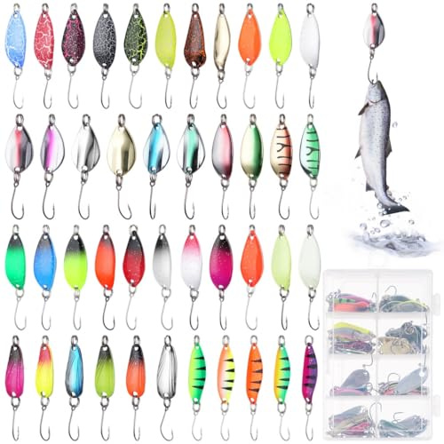 Set di 43 cucchiaini da trota con scatola portaoggetti, include esche da pesca da 2G, 2,5 G, 2,6 G, 3 G, esche con paillettes per luccio, lucioperca, pesce persico e trota