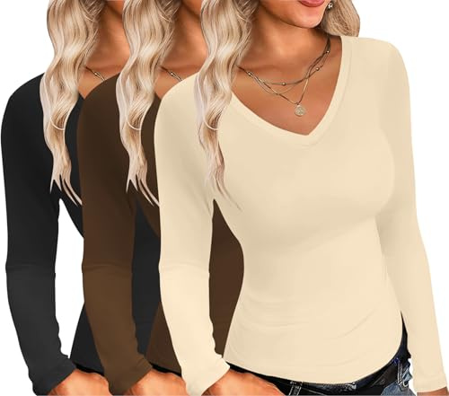Ekouaer Womens 1&3 Pack Long Sleeve Shirts Sexy V Neck Tee Black + Brown + Beige L