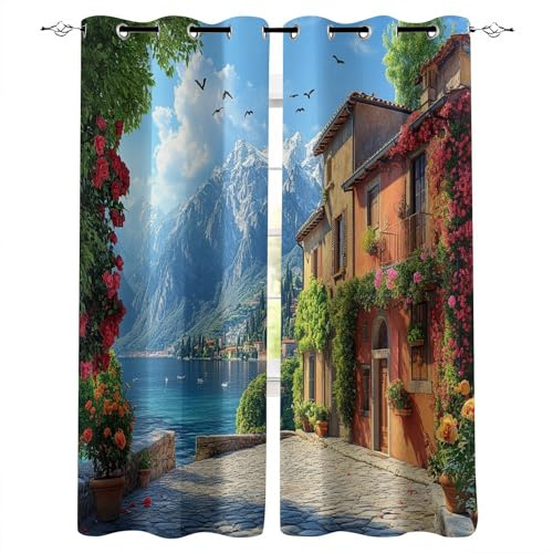 Generisch Vorhang verdunkelung 140X120cm(HxB) Stadtstraße Vorhang Blumig bedruckter Ösenschal für Schlafzimmer – blickdichtes Polyester, romantisch A513-1479