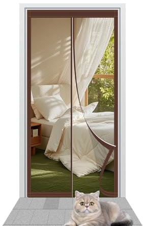 Fliegengitter Balkontür Magnet 73 x 196 cm mit Selbstklebendes Klettband Fliegengitter für Fenster Kinderleichte Klebemontage für Holz/Aluminium Türen Und Balkon, Braun
