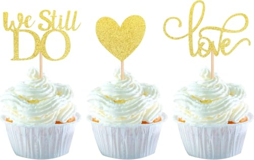 24 Stück We Still Do Cupcake Toppers Glitzer Liebe Herz Heirat Tortendeko Jahrestag Kuchen Deko für Braut Dusche Hochzeit Verlobung Geburtstag Cupcake Dekorationen Gold