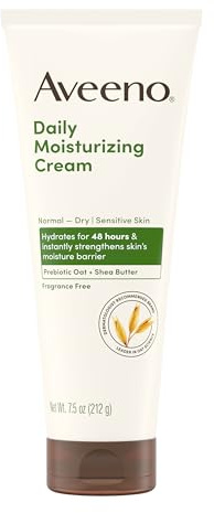 Aveeno Daily Moisturizing Cream with Prebiotic Oat & Shea Butter, Body, Face & Hand Cream for Normal to Dry, Sensitive Skin Hydrates for 48 Hours, Fragrance Free & Non-Comedogenic, 7.5 oz