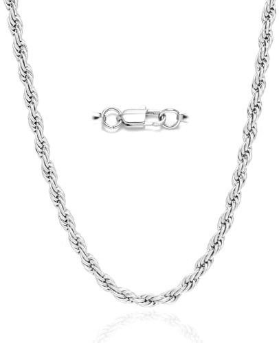 Joykee Silver Rope Chain Necklace for Men, Waterproof Stainless Steel 3/4/5mm