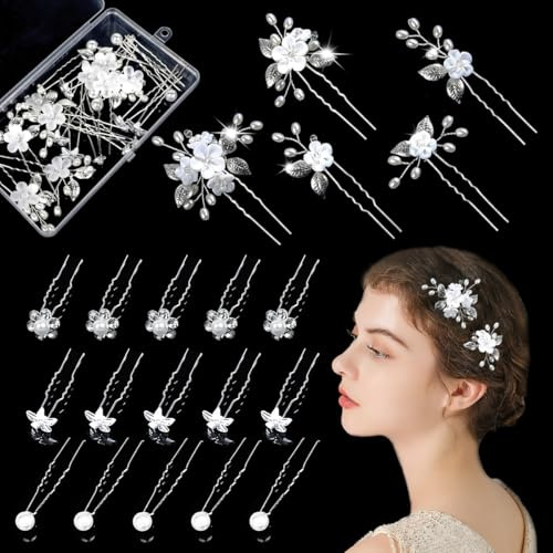 Hanyousheng 20Pcs Bridal Hair Pins, Wedding Hair Pins with Pearls and Flower, U-Shaped Hair Clips Rhinestone, Jewelry Wedding Headpiece Hair Accessories for The Bride and Bridesmaid(Silver)