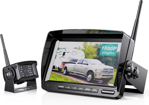 Digital Rückfahrkamera Kabellos Set, 7“ HD 1080P Monitor, IP69K wasserdichte Rückfahrkamera Funk, Nachtsicht, Wireless Einparkhilfe, Loop-Aufnahme, für LKW Wohnwagen Anhänger