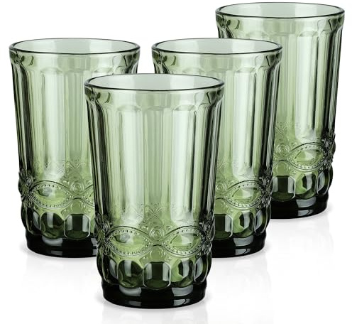 Joeyan 330ml Grün Trinkgläser Vintage, Set von 4 Bunte Gläser mit Geprägtem, Stapelbar Trinkgeschirr Alltag, Bunt Wassergläser für Getränke,Saft,Whisky,Bier,Tee,Cocktail,Küchengläser Spülmaschinenfest