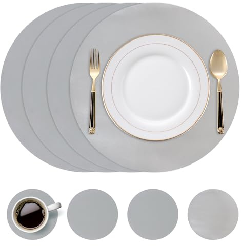 Tischsets Leder und Untersetzer, 4er Set Platzsets Rund 38 cm Grau Silber, PU Leder Platzdeckchen rutschfest und Abwaschbar, Wasserdicht Doppelseitig Tischunterlage Esstisch Bankett Party
