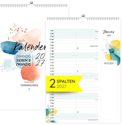 heaven+paper Wandkalender 2027 2 Spalten Aquarell Jahreskalender 2027 A4 | Jahresplaner 2027 mit Feiertagen, Schulferien, KW, Mondphasen - Wandplaner 2027 für 1 bis 2 Personen, made in Germany