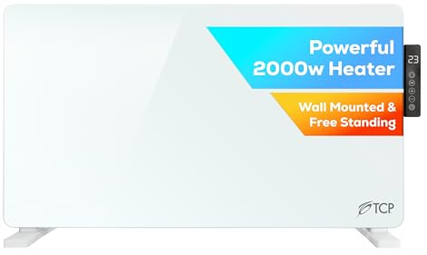 TCP 2000W White Glass Panel Heater, Electric Wall-Mounted or Free-Standing Radiator with Side Control Panel, Timer, Weekly Program & Open Window Detection