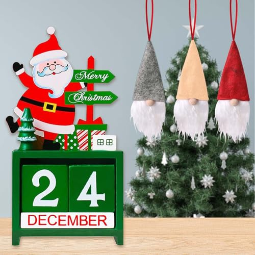 FZYCOM Calendrier de l'Avent en Bois avec 3 mini Père Noël, Calendrier Perpetuel de Table, Compte à Rebours Jusqu'à Noël, Cadeau de Festive Élégant, Décoration de familial Bureau