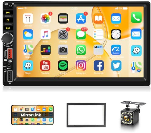 Double Din Car Stereo with Backup Camera, Frame, TF/Aux/USB/Type-C Ports, Podofo 7 inch HD IPS Touch Screen Bluetooth Radio Support Same Screen Display, Wired Mirror Link, FM, EQ Audio, SWC