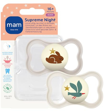 MAM Supreme Night Schnuller | 16+ Monate | leuchtende Babyschnuller | 94% Akzeptanz | beugt Zahnfehlstellungen vor | besonders hautfreundlich | SkinSoft Silikon | Hase/Vogel | 2 Stück