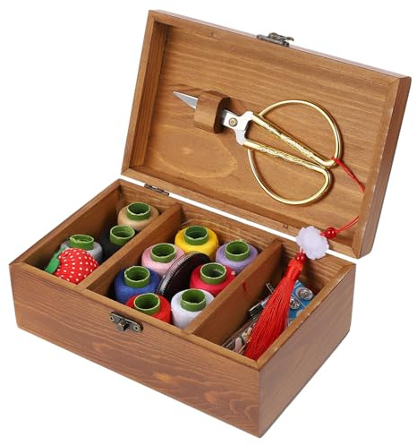Cabilock Set Completo di Scatola per Ago e Filo e Strumenti di Sartoria in Legno Massello, Kit per Ricamo e Quilting per Uso Domestico e Riparazioni Rapide