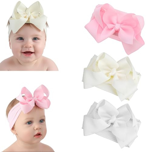 Zosutetoxo 3 Piece Baby Girl Headband Set: Soft Elastic Headbands for Baby Girls in White, Ivory and Pink, Baby Accessories for Newborns and Toddlers