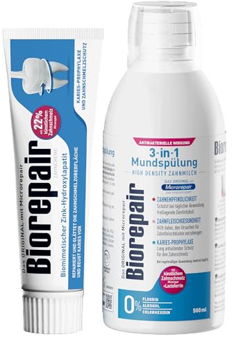 Biorepair Zahncreme + Mundspülung Set | Repariert* Zahnschmelz & schützt vor Karies, Plaque & Zahnempfindlichkeit | Mit Zink & mikroRepair | Fluoridfrei & für empfindliche Zähne | 75ml + 500ml