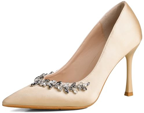 Wtharosa Eleganta skärskor dam satin spetsig tå stilettklack pumps kristall detalj bröllop och kväll formell slip-on finskor bred passform, Apelsin, 35 EU