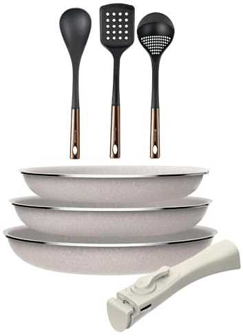 Juego de 3 sartenes San Ignacio Ø18Ø20Ø24cm aluminio prensado, antiadherente con mango extraíble+ Set de 3 Utensilios de cocina de PBT negro y cobre