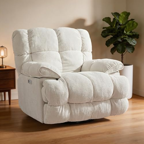 Ceruvia Relaxsessel Elektrisch, Extra Breiter Fernsehsessel für Erwachsene – Verstellbar 90°–140°, Drehbar, Schaukelfunktion, mit USB & Typ-C, Weiß