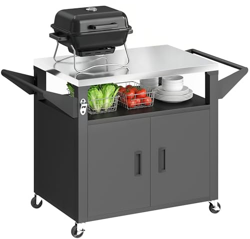 Outsunny Garten-Servierwagen mit Arbeitsplatte aus Edelstahl – Grillwagen mit ausziehbarem Regal – Küchenmöbel für den Außenbereich mit Stauraum für einen Pizzaofen und eine Plancha, schwarz