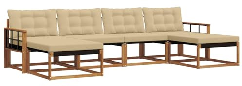 Qnhdfrt Juego de 6 sofás de exterior de madera de acacia con tapicería, conjunto modular de salón para jardín y terraza, color natural y beige, 329 x 162,5 x 73 cm
