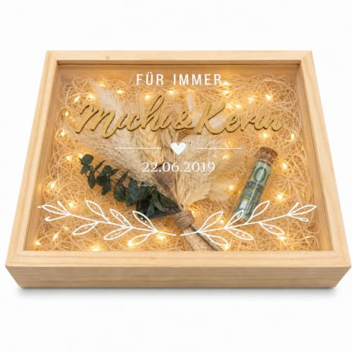 Yuweli Personalisierte Hochzeitsbox mit Namen und Datum, Holzbox mit Acrylglasdeckel, Geldgeschenk Hochzeit, Erinnerungsbox für Brautpaar, Geschenkbox mit Holzwolle, 16 x 11 x 4 cm (Typ1)