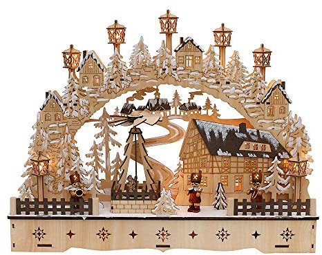 Dekohelden24 Arco de madera con pirámide de Navidad giratoria. Diseño: Mineros (largo x ancho x alto): aprox. 45 x 12 x 35 cm, funciona con pilas o adaptador.