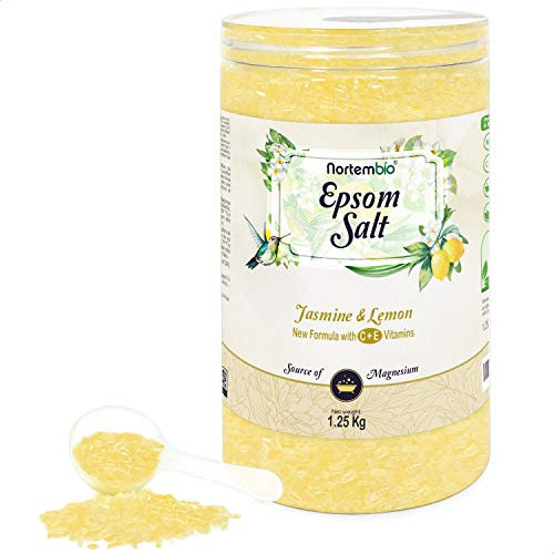 Nortembio Sali di Epsom 100% Fragranza Gelsomino e Limone 1,25 kg – Fonte Naturale di Magnesio | Con Vitamina C ed E Idratante | Per Bagni Rilassanti, Spa e Cura della Pelle + E-Book Gratuito