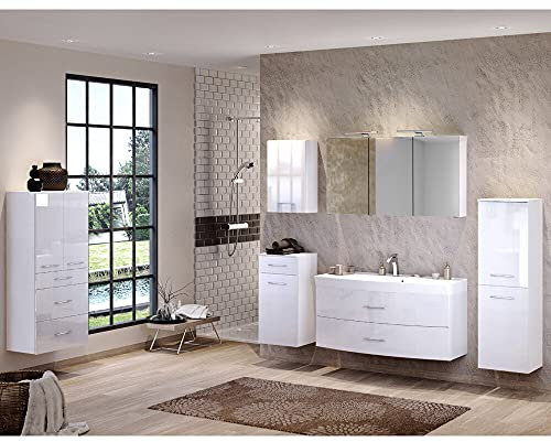 Lomadox Badmöbel Komplett Set in Hochglanz weiß 120cm Waschtisch-Unterschrank & Waschbecken 3D Spiegelschrank & LED-Leuchten Steckdose Midischrank Unterschrank Hängeschrank Highboard