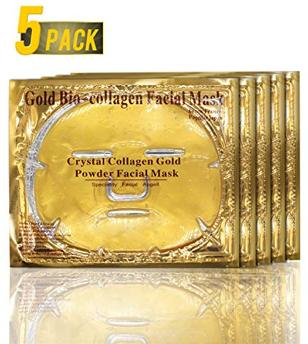 5 Stück 24K Gold Bio-Kollagen-Gesichtsmasken, Gold-Gel-Kollagen-Gesichtsmasken für Anti-Aging, Feuchtigkeitscreme, Anti-Falten, Tiefenverjüngung und Feuchtigkeitsspendende Haut