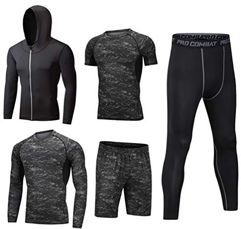 LucaSng Män 5 delar kompression funktionella underkläder sportkläder set, sportdräkt snabbtorkande jogging kläder tights löpkläder tröja gym träning löpning träningsoverall