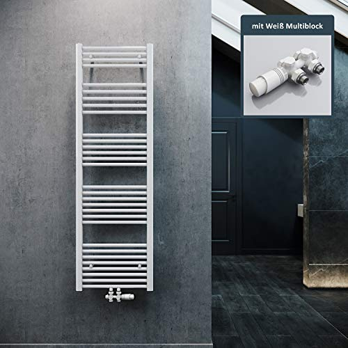 ELEGANT Heizkörper Bad 1600x500mm Weiß Badheizkörper Mittelanschluss Heizkörper Handtuchtrockner Handtuchwärmer mit Weiß Multiblock Thermostat