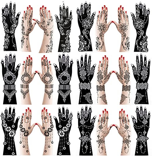 XMASIR 12 Large Sheets Tattoo Stencil Kit Indian Arabian Temporary Tattoo Templates for Women Girls(Only Templates,No Tattoo Ink)